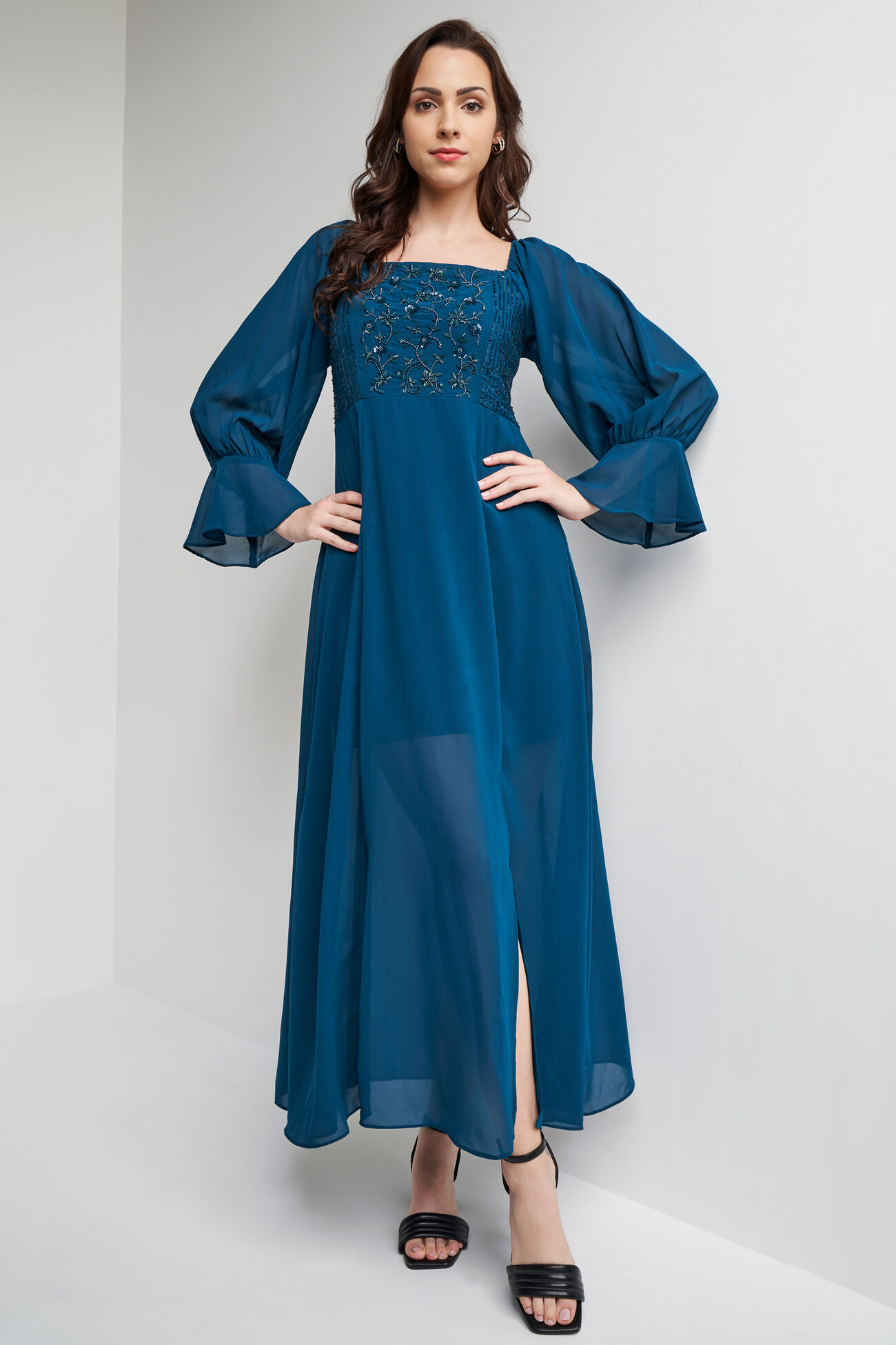 Teal Solid Flared Gown, Teal, image 3